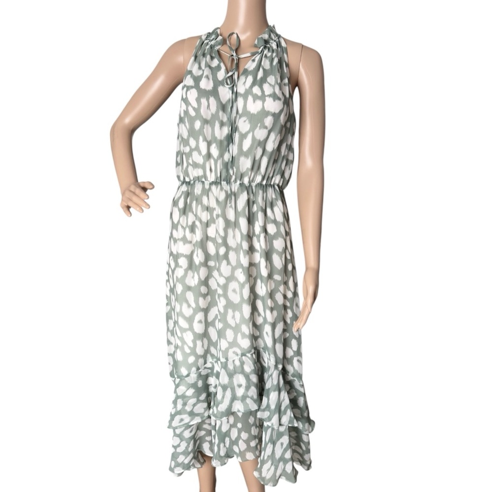 Sam Edelman Sleeveless Ruffles Halter Midi Dress/ Green White Patterned